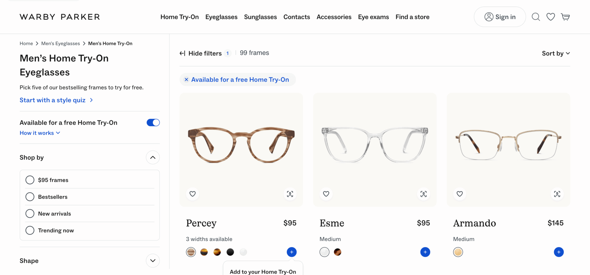 Warby Parker's home try on sunglasses example