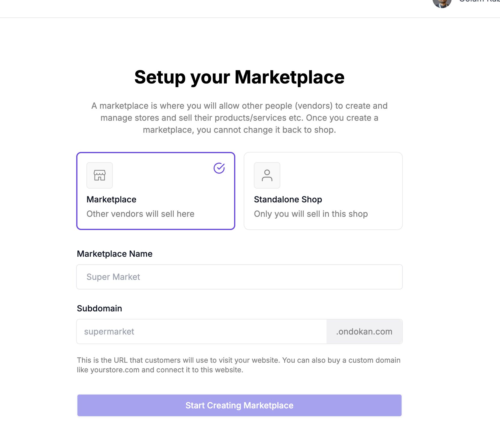 This is a screenshot of marketplace setup