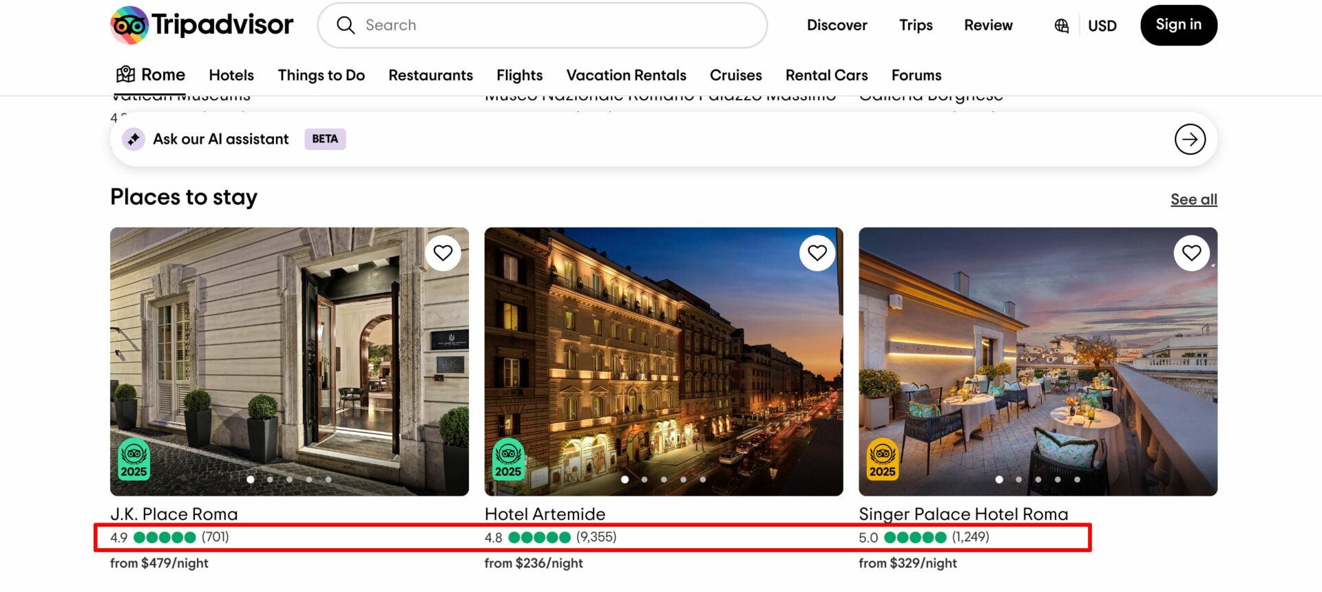 User ratings on Tripadvisor website