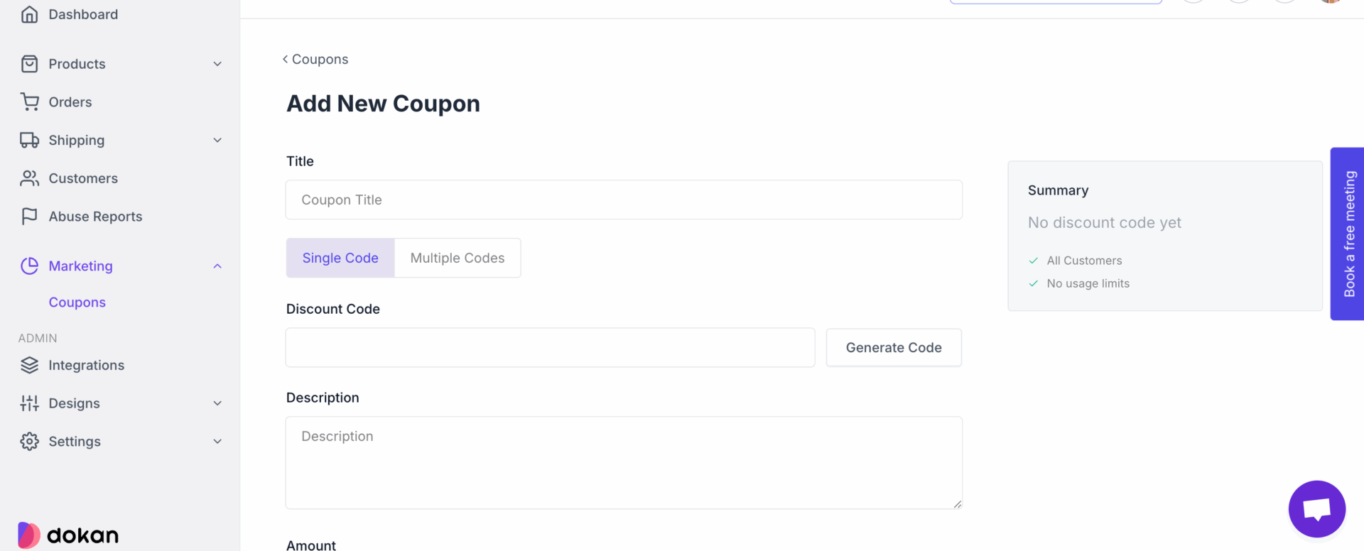 Dokan cloud coupon settings