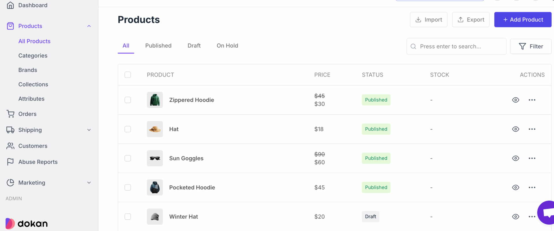 Products management of the Dokan Cloud platform 