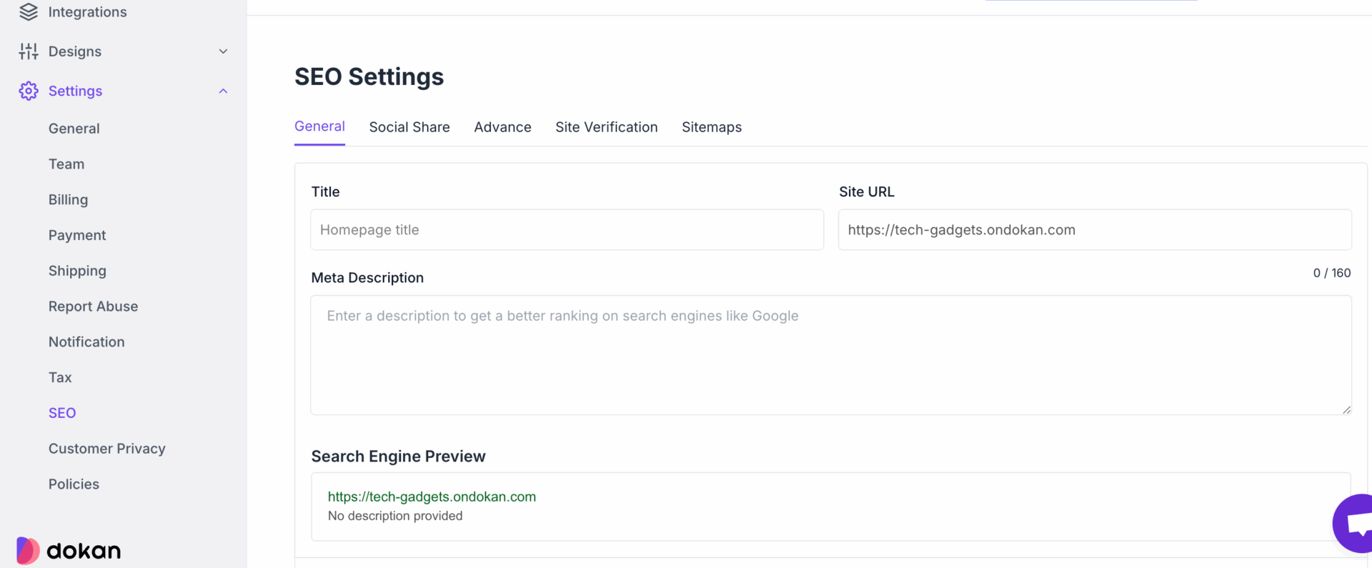 SEO settings of the Dokan Cloud 