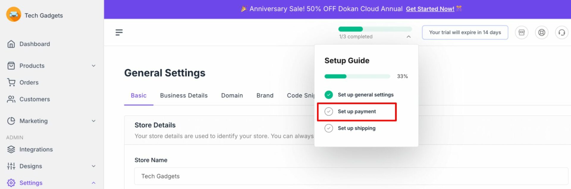 Payment options setting interface