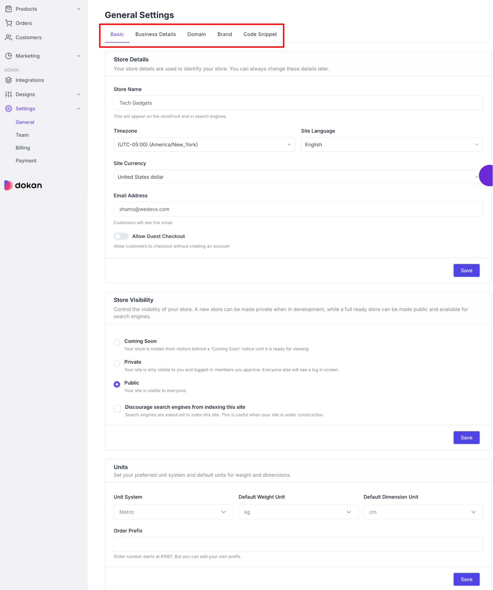 Dokan Cloud shop general settings interface