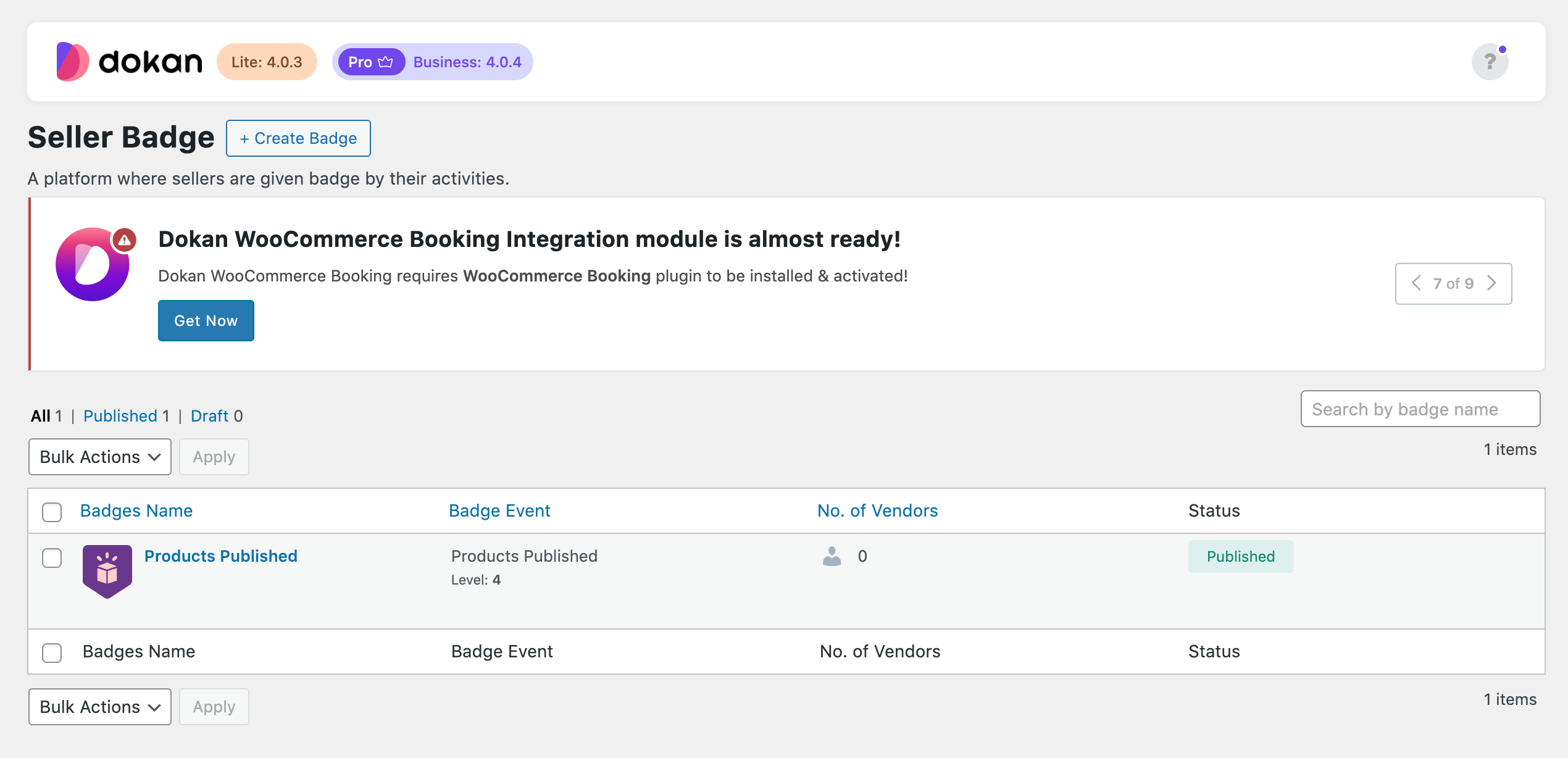 This is a screenshot of badge published
