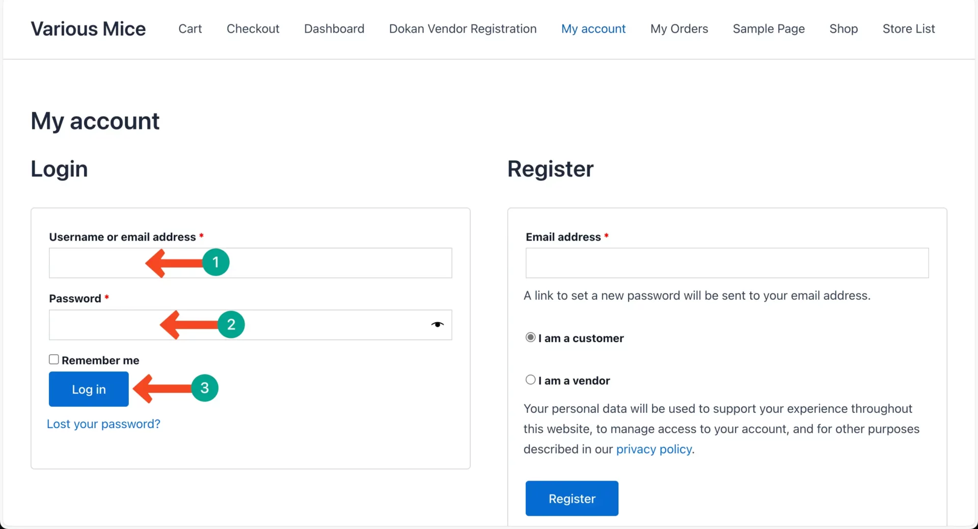 Log into the vendor dashboard