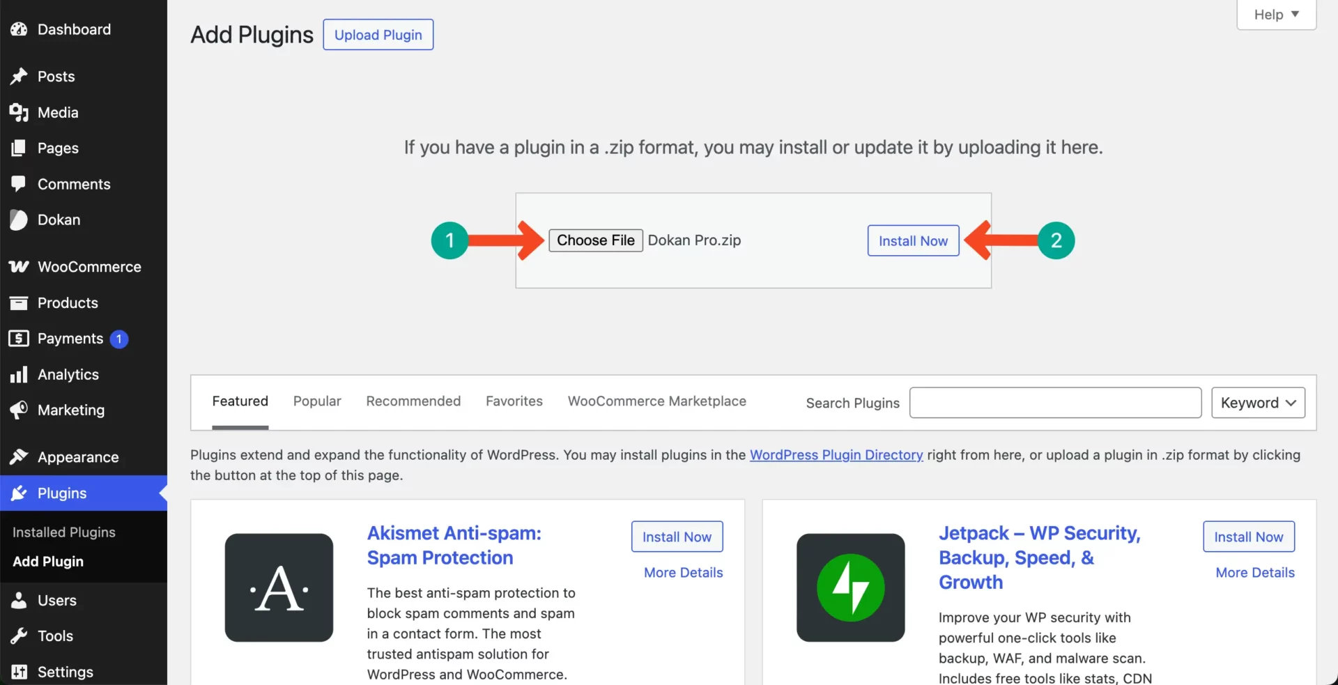 Upload and install the Dokan Pro plguin