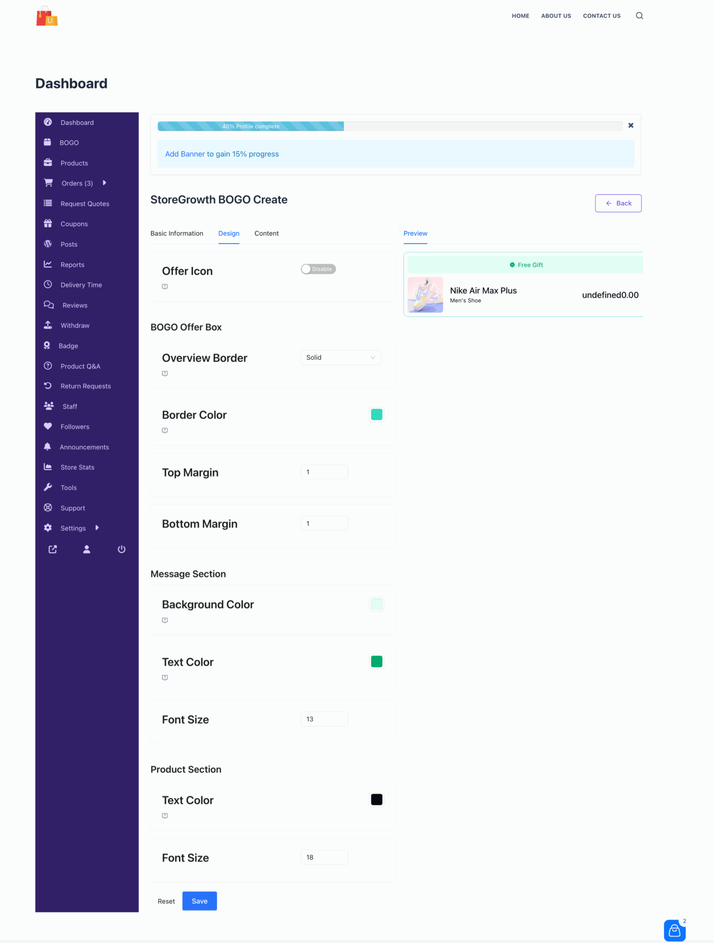 This is a screenshot of BOGO design section
