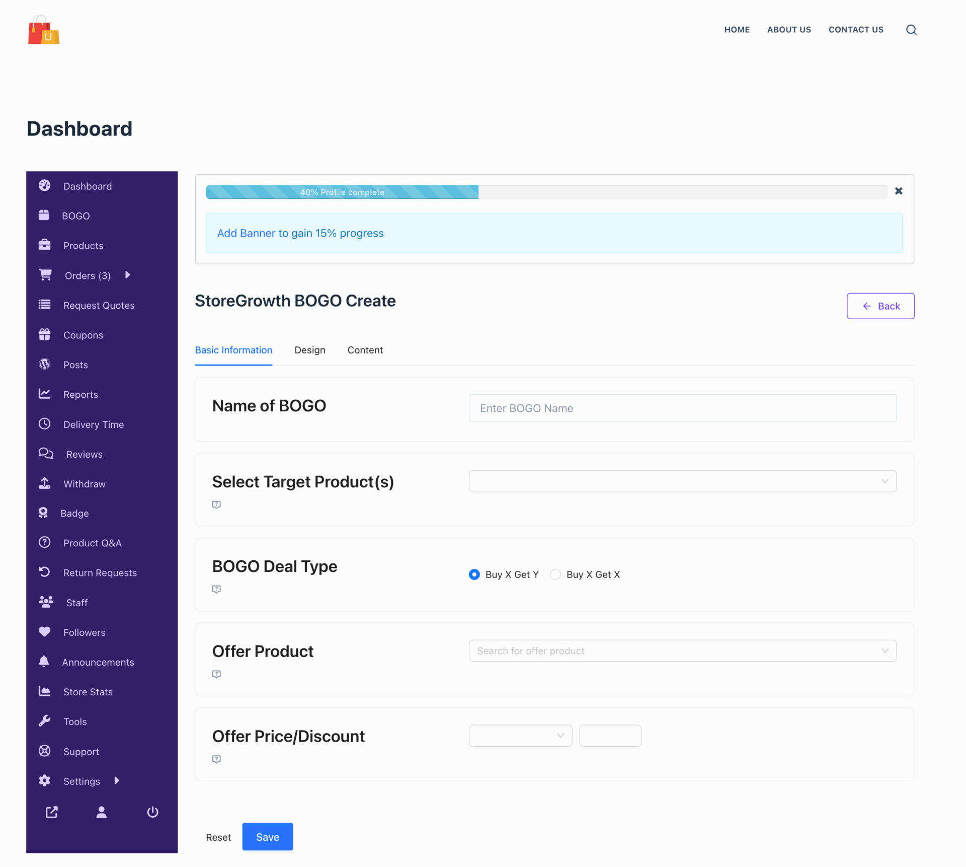This is a screenshot of Create new product form in Bogo