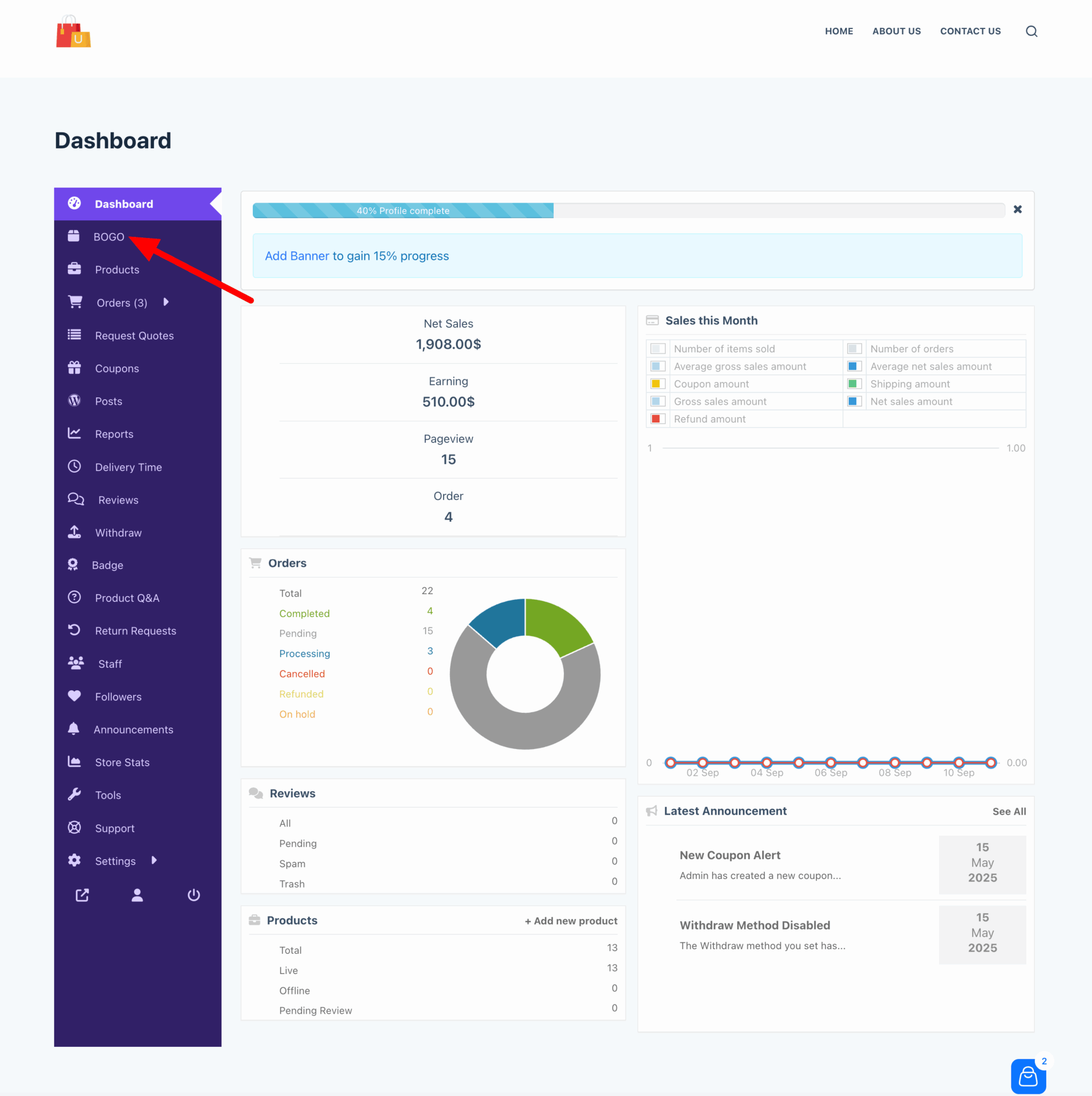 This is a screenshot of bogo option in dashboard