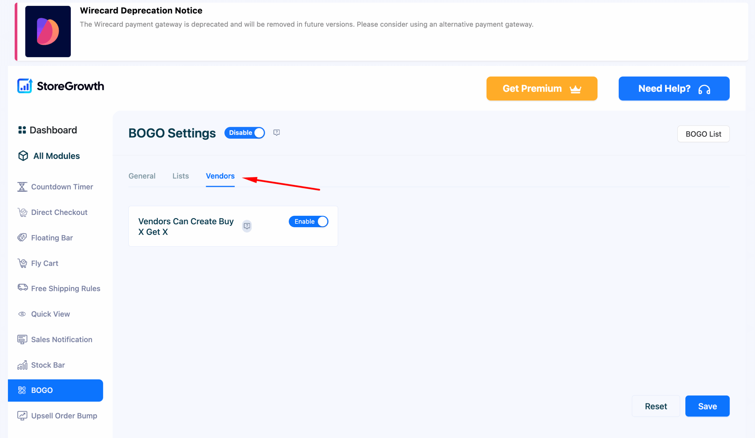 This is a screenshot of vendor option in bogo