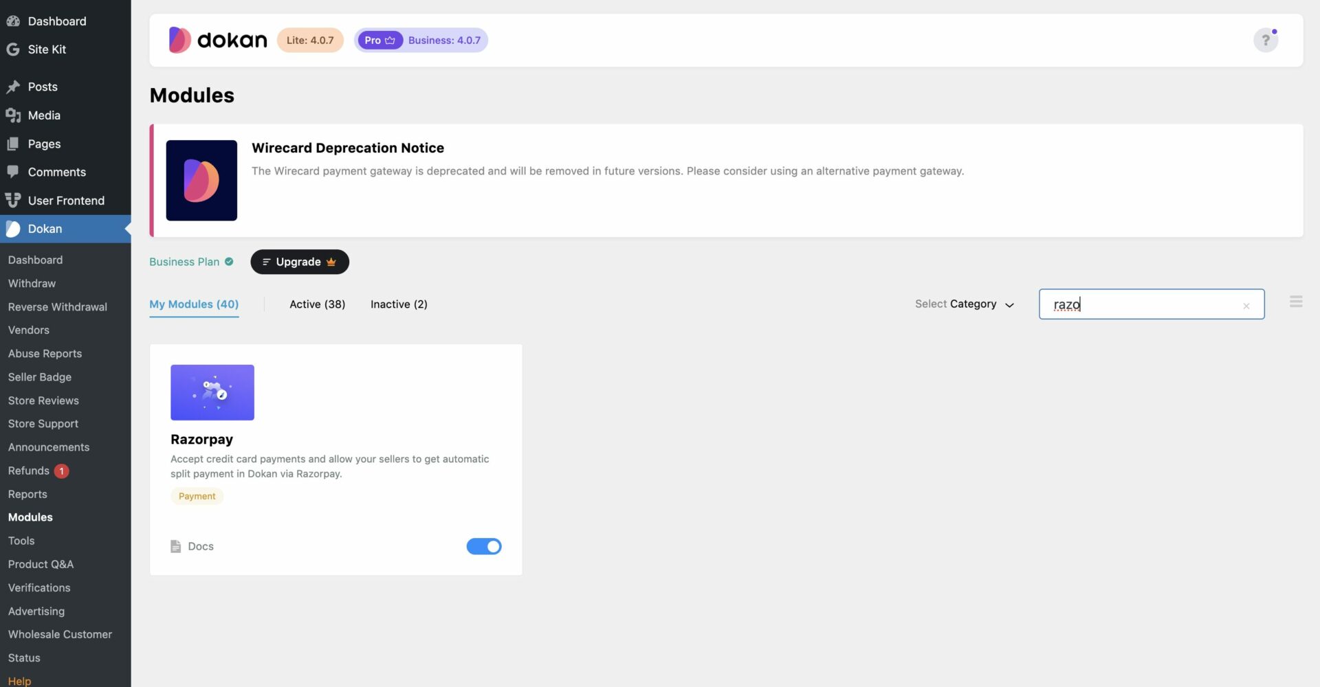 This is a screenshot of activating razorpay module
