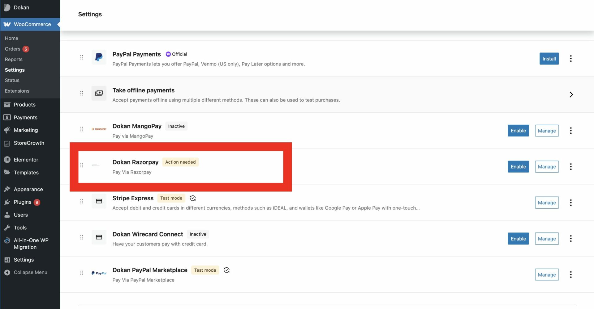 This is a screenshot of dokan razorpay settings