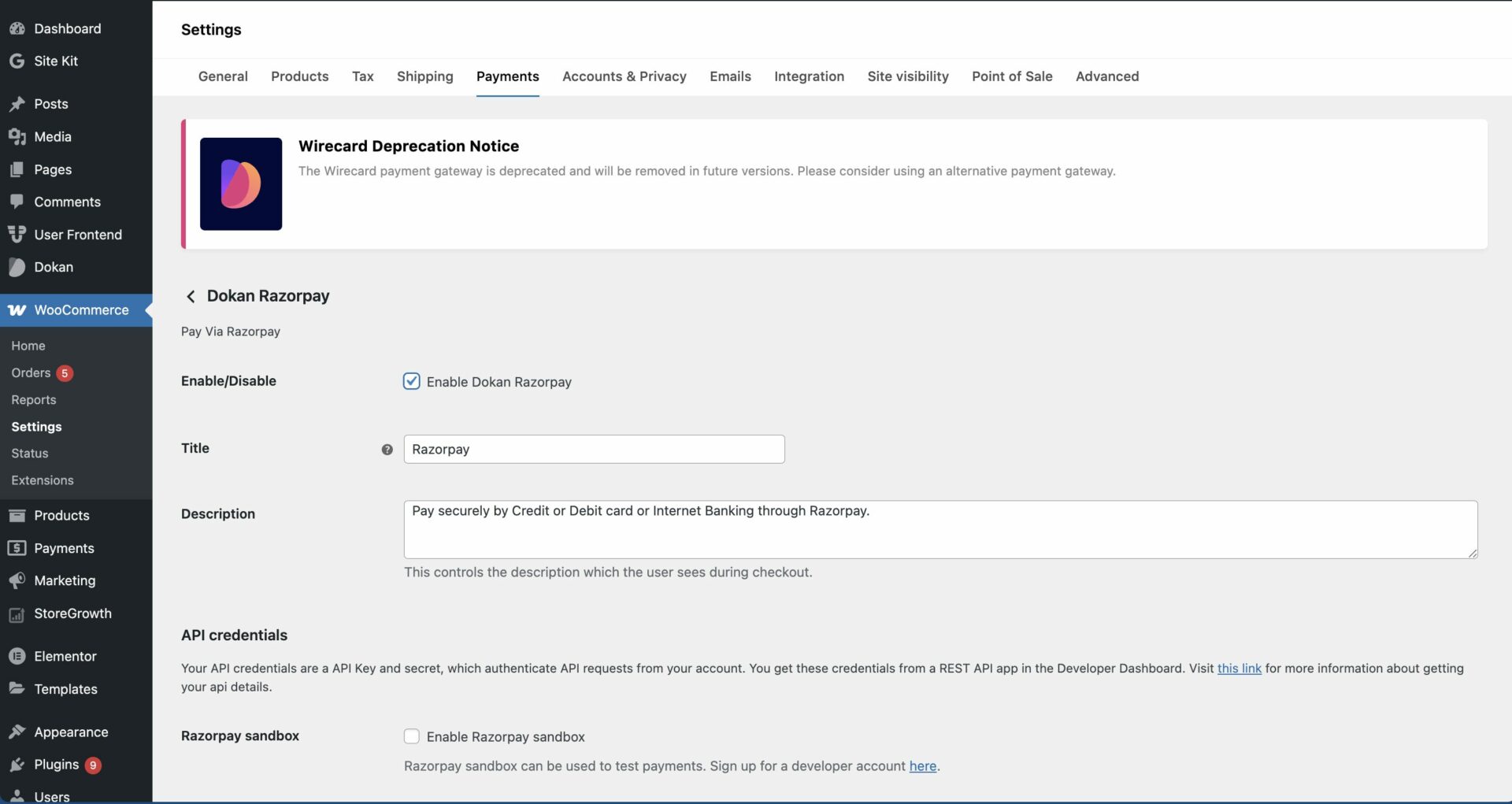 This is a screenshot of razorpay settings