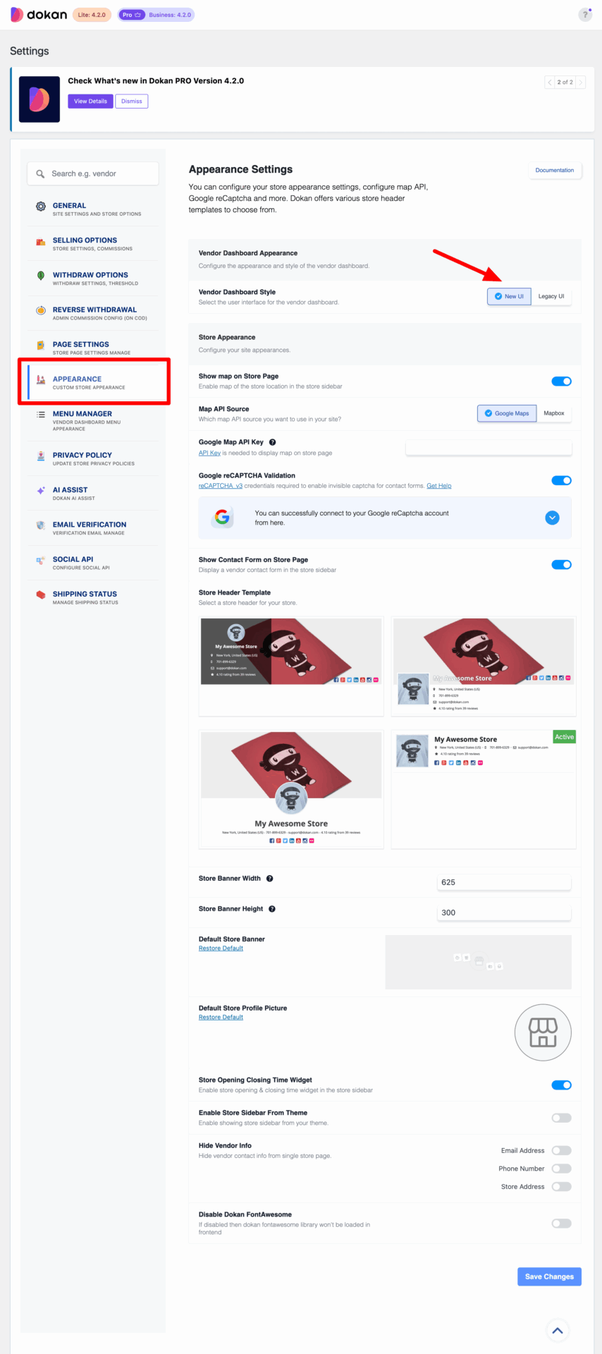 This is a screenshot of apperance settings