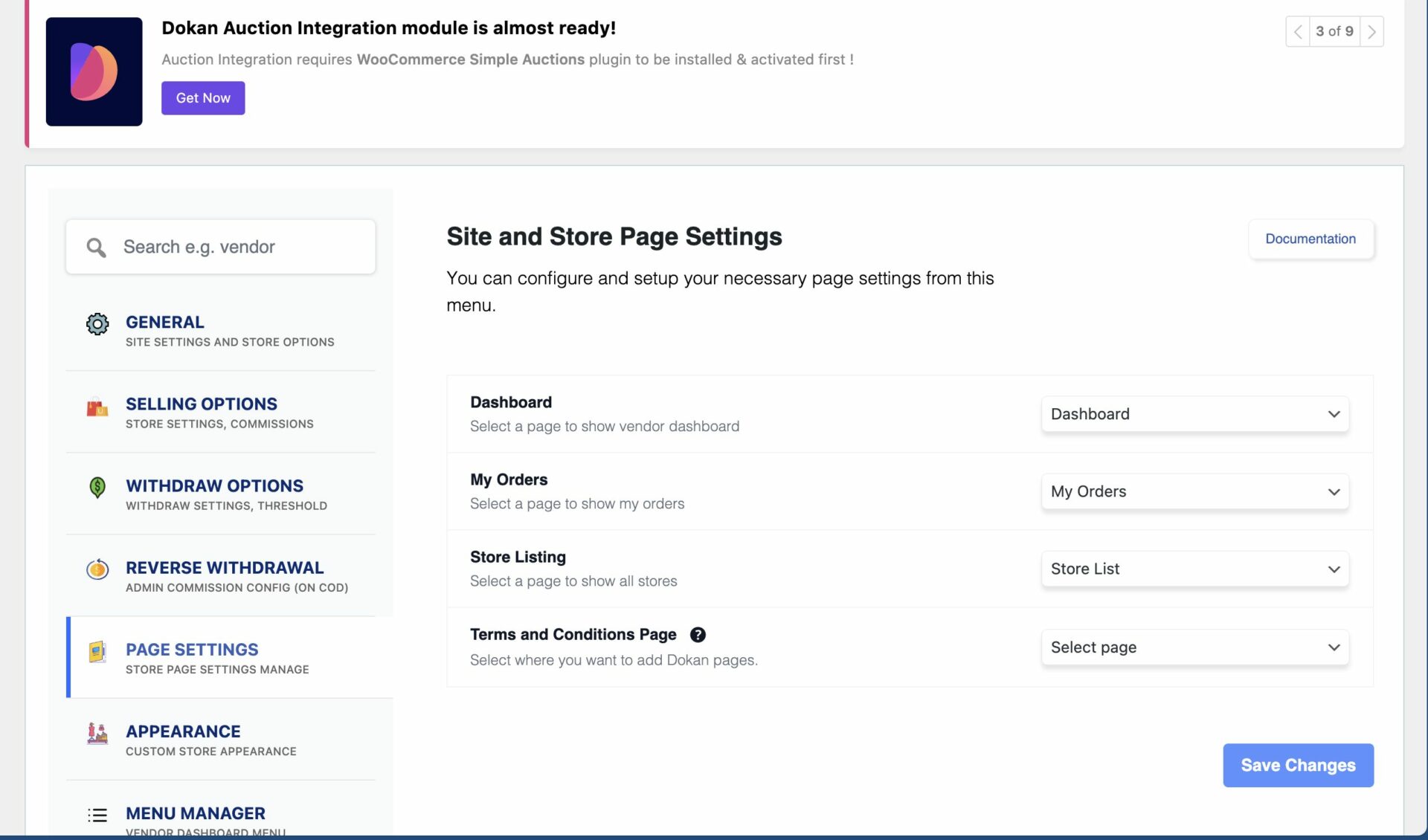 This is a screenshot of Dokan Page Settings