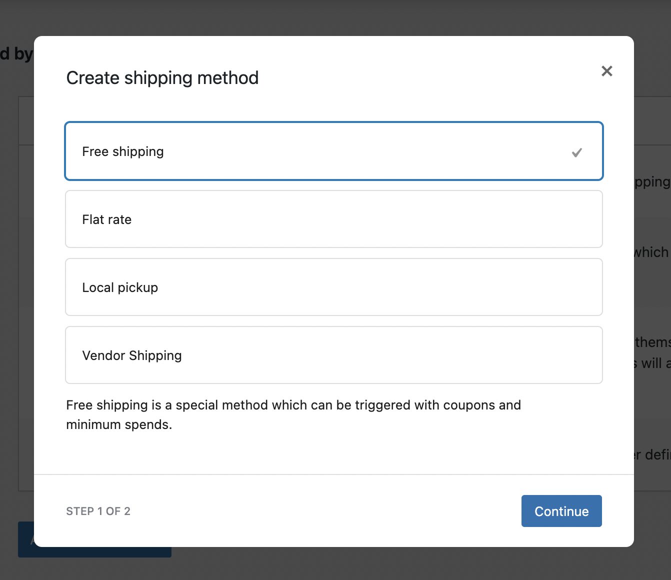 This is a screenshot of shipping method
