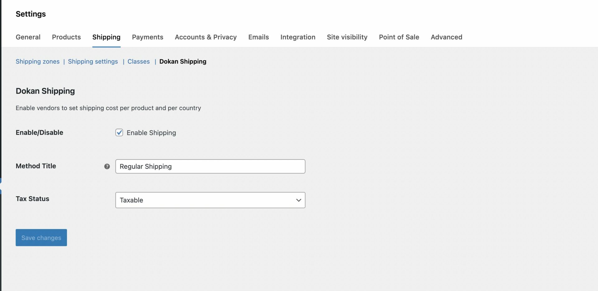 This is a screenshot of Dokan Shipping