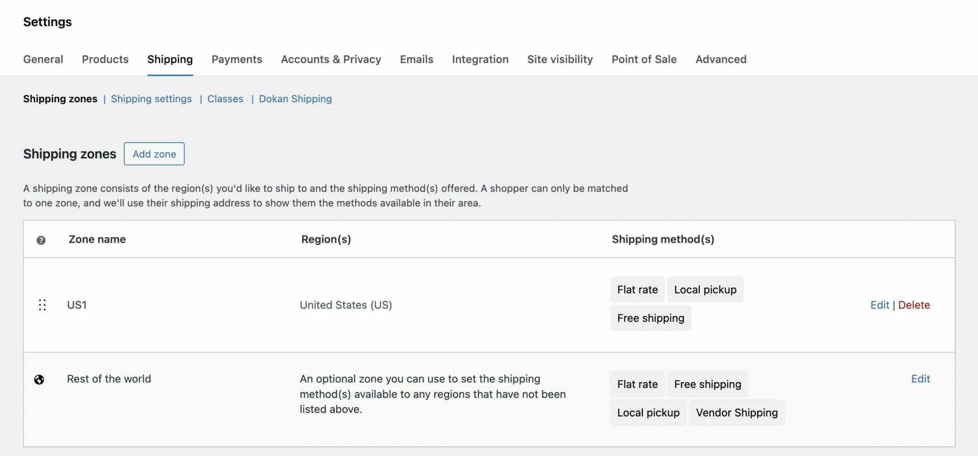 This is a screenshot of Shipping settings of WooCommerce