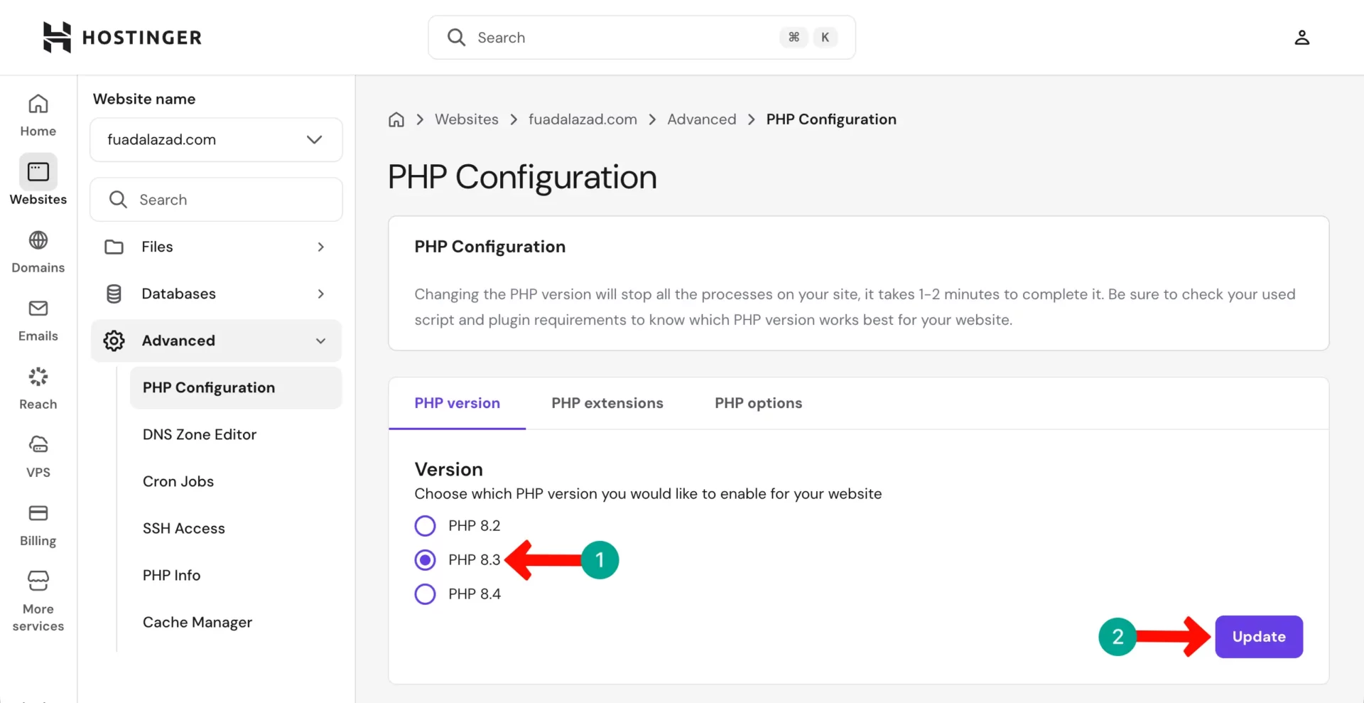 How to update the WordPress PHP version from hPanel