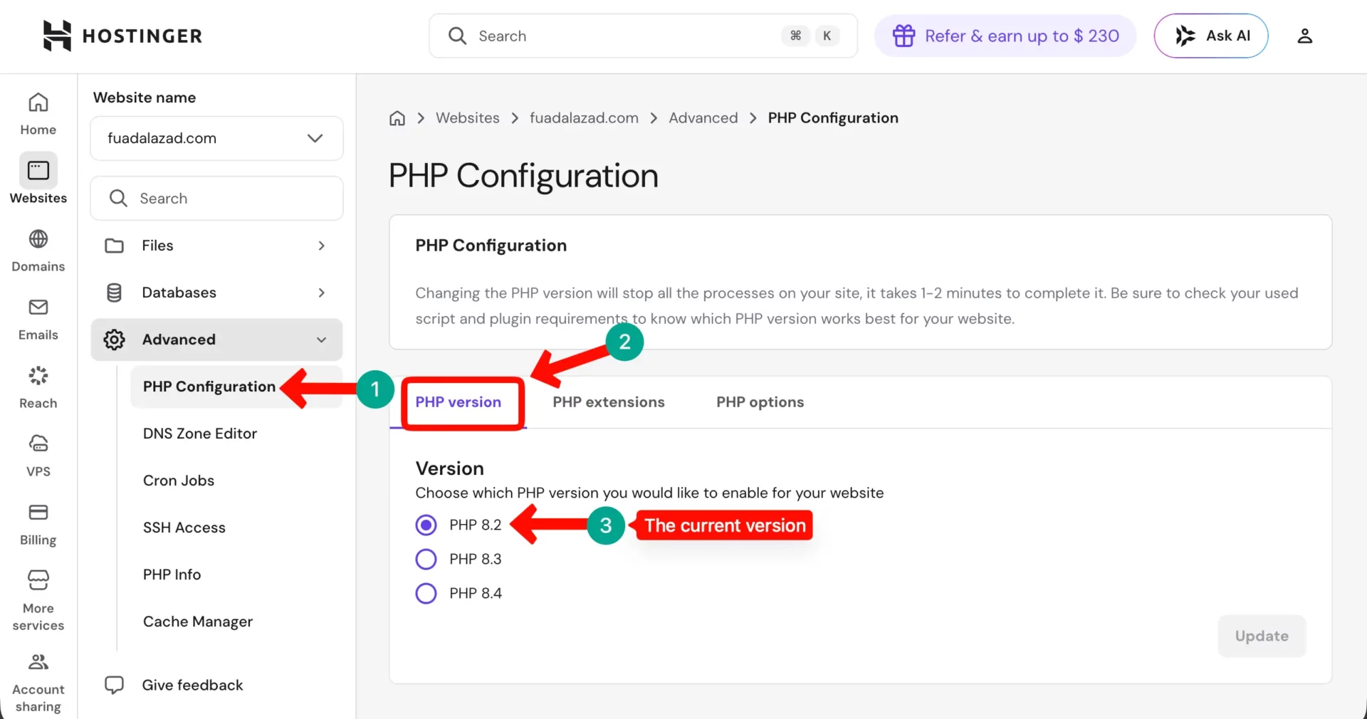 See the PHP version in your Hostinger account