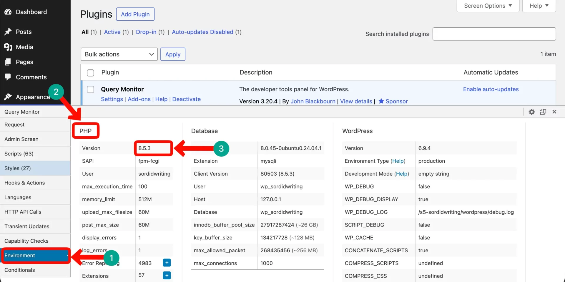 See the WordPress PHP version using the Query Monitor plugin