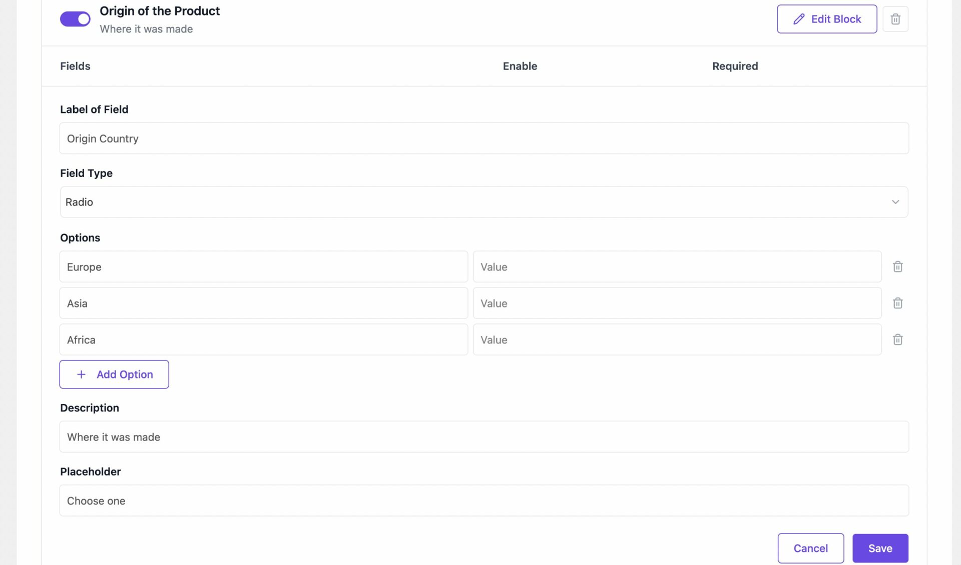 Custom Block field options set