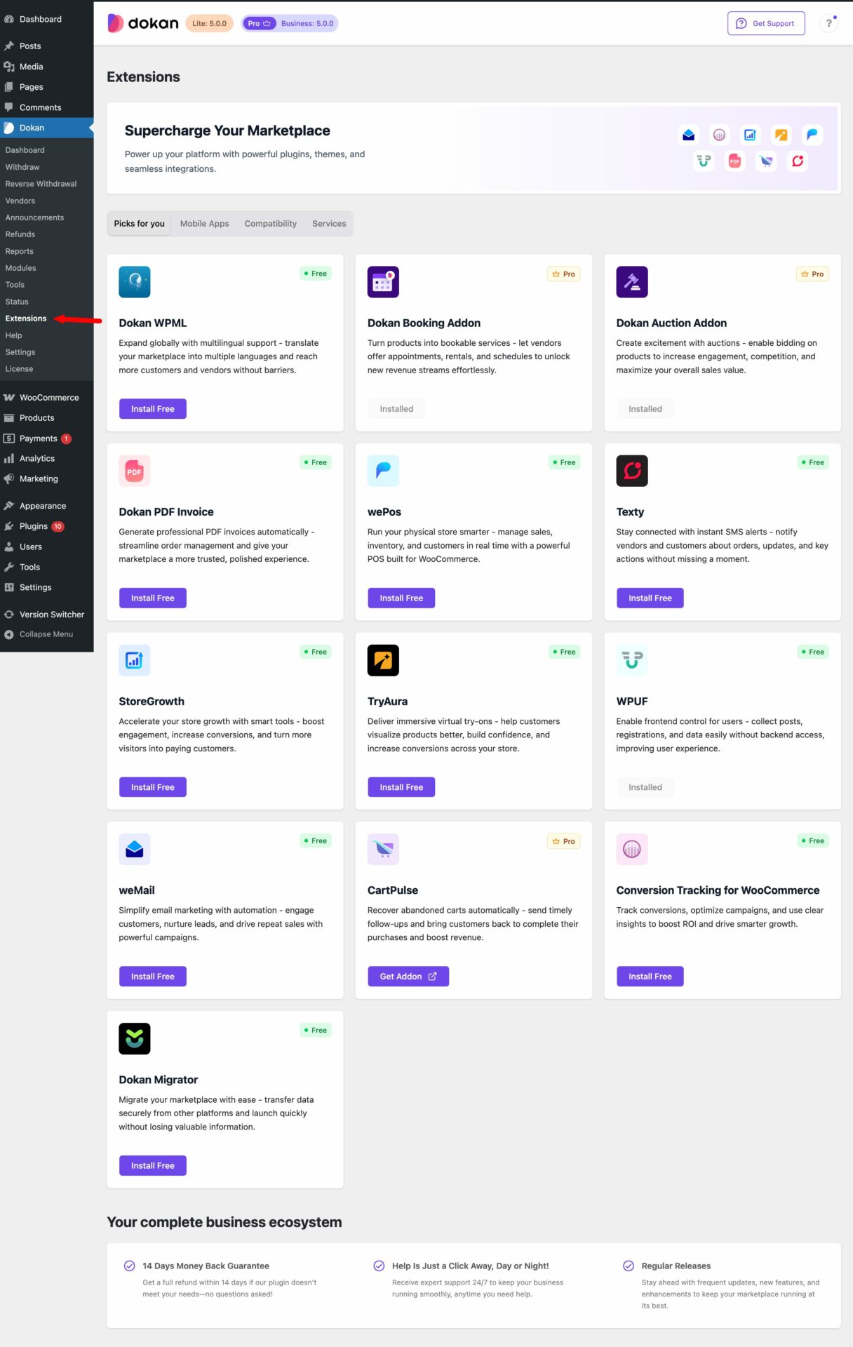 This is a screenshot of extension menu