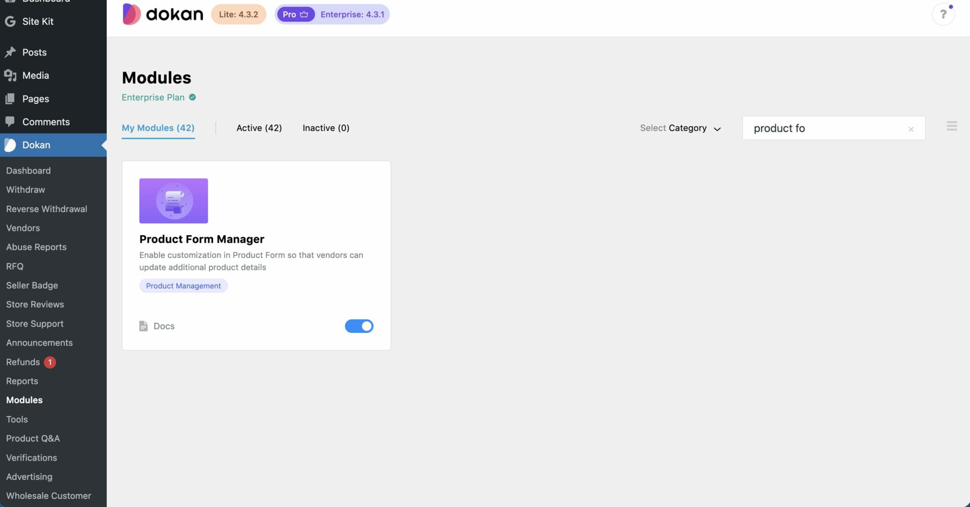 This is a screenshot of form manager module enabled