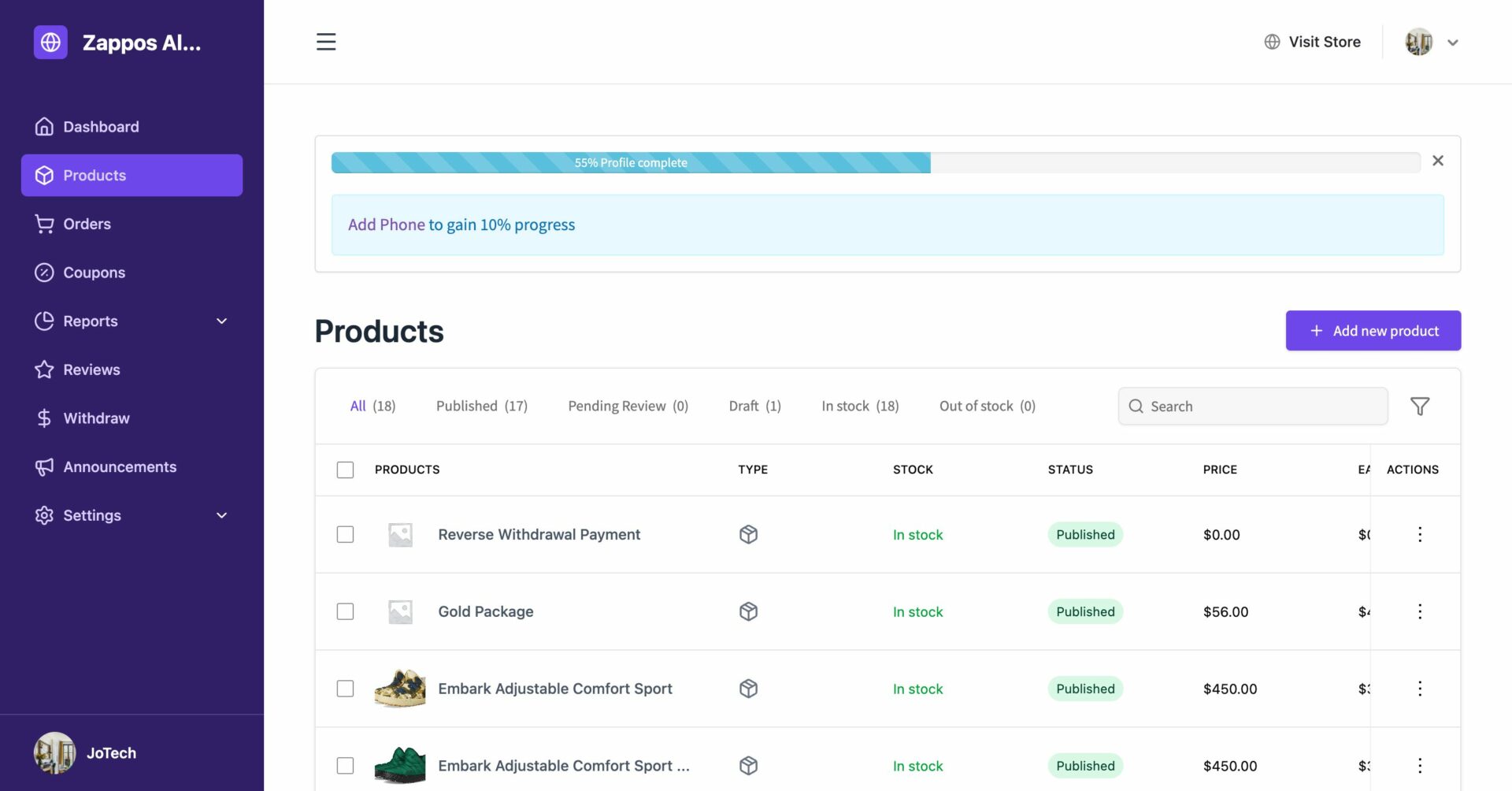Vendor Dashboard product page