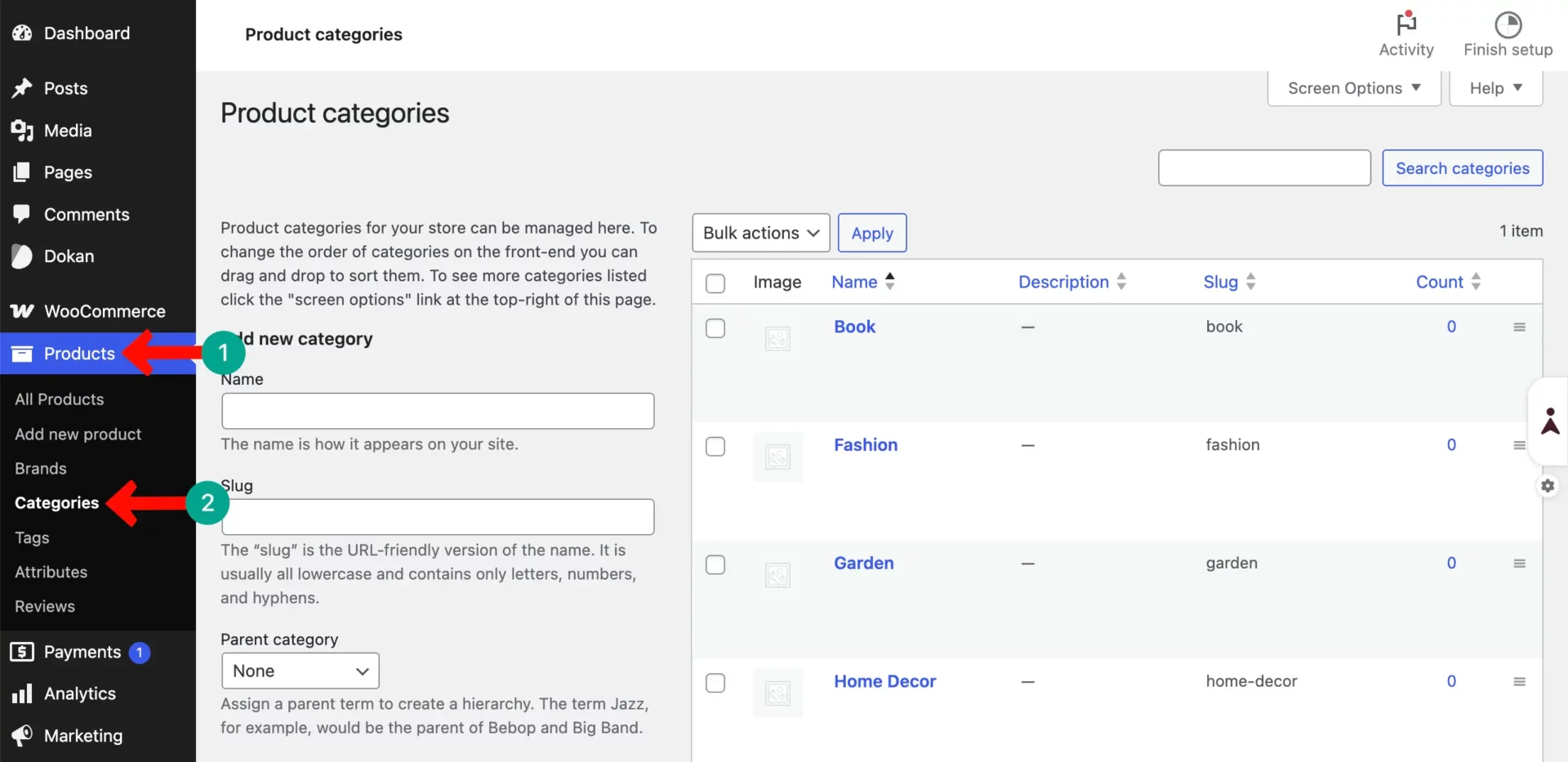 Create product categories for Dokan