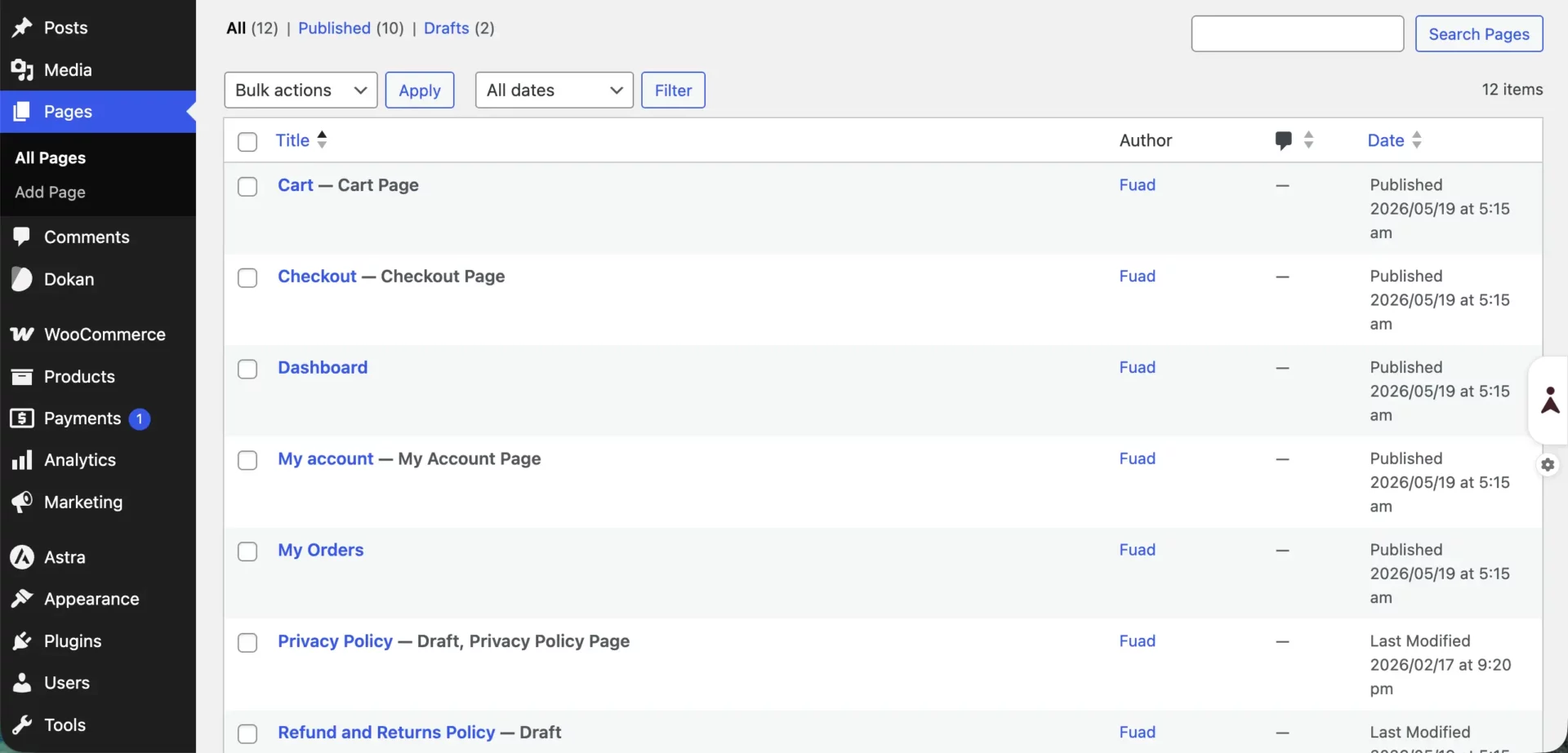 Default pages created by WooCommerce and Dokan