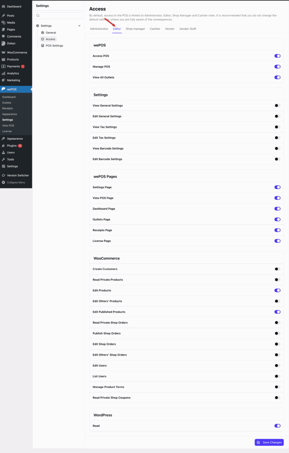Access Settings - Dokan