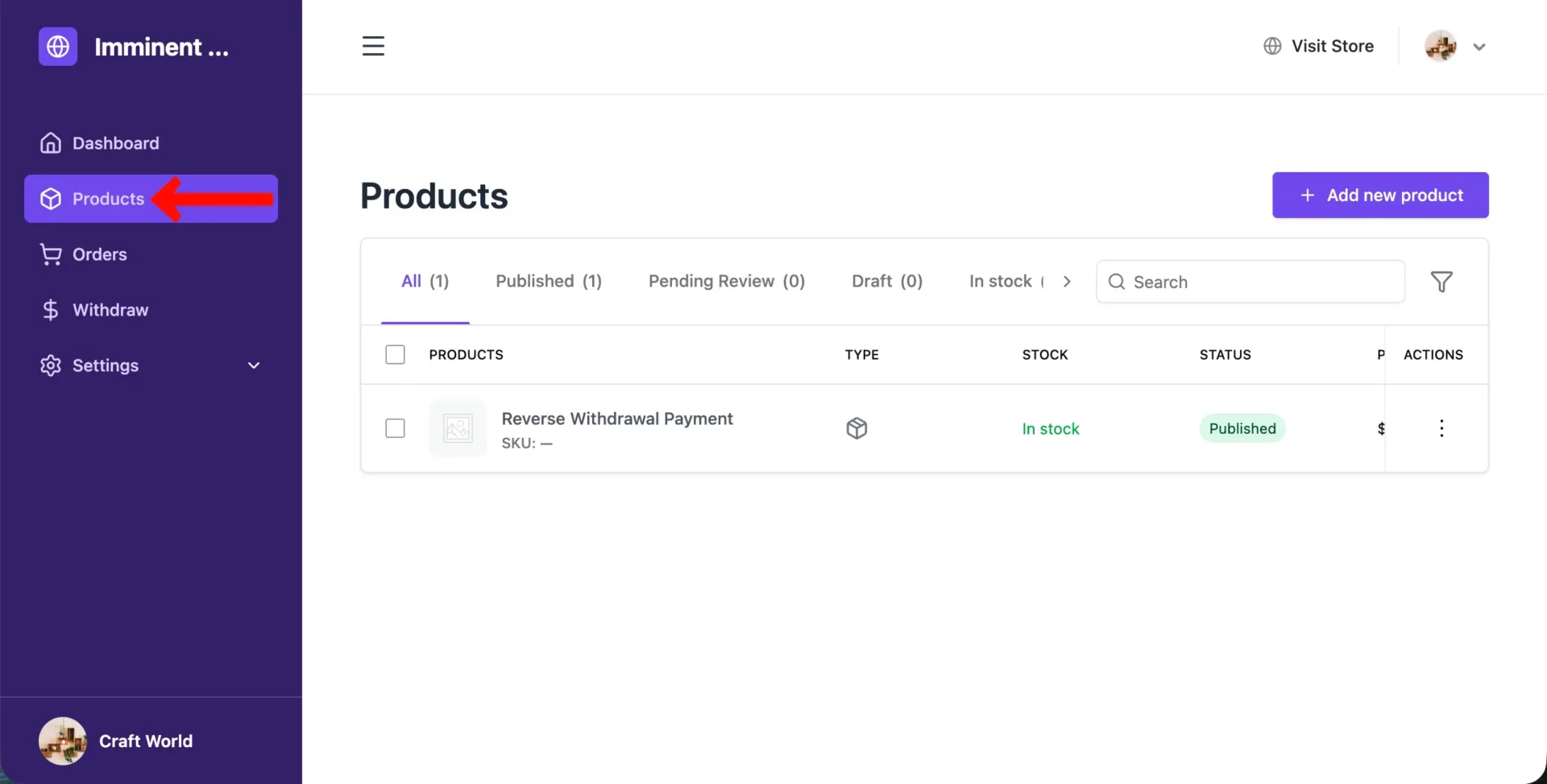 Product board of the Vendor dashboard