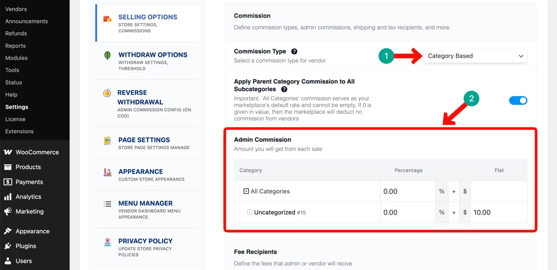 Set category based commission with Dokan