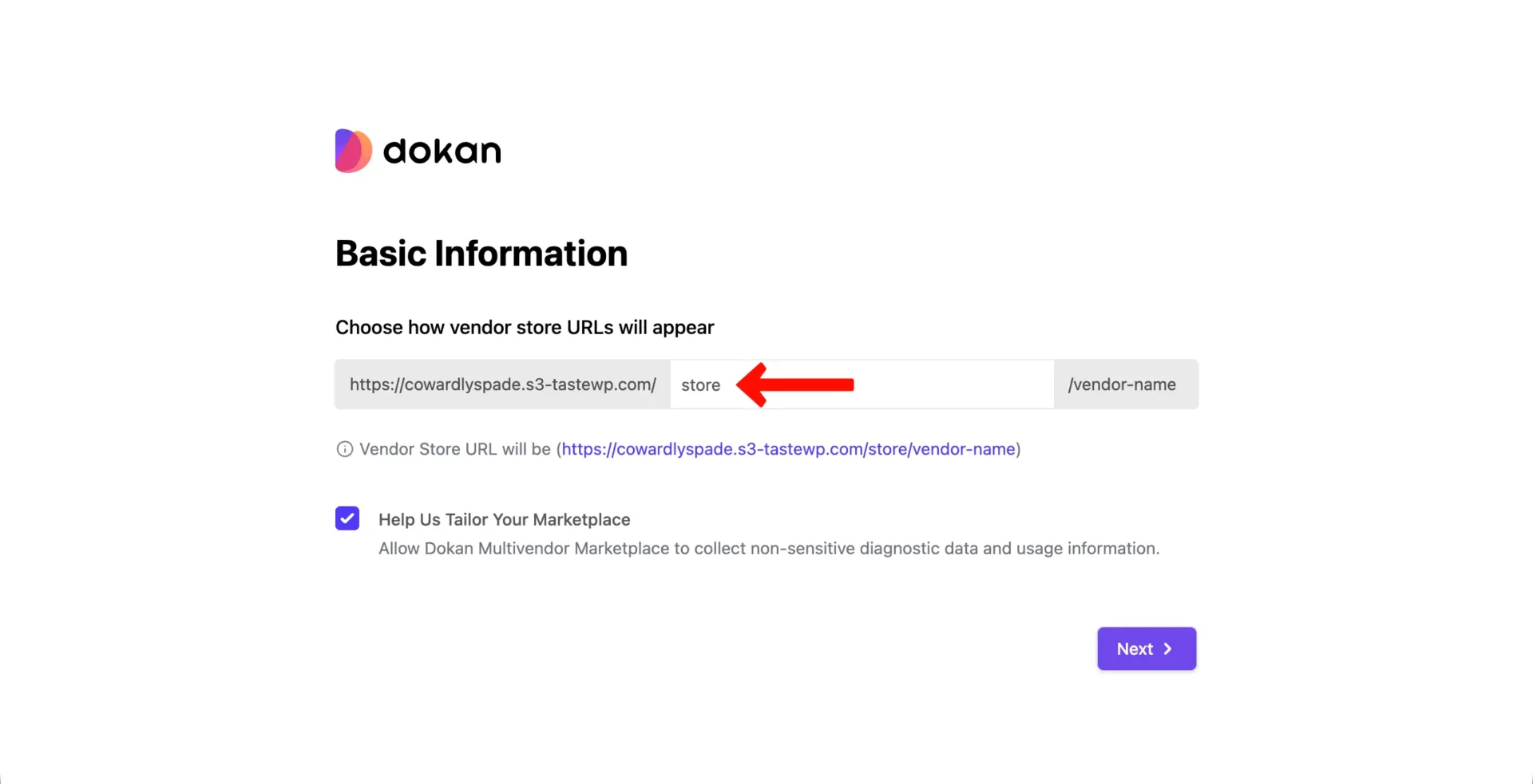 Set the store setup URL for Dokan