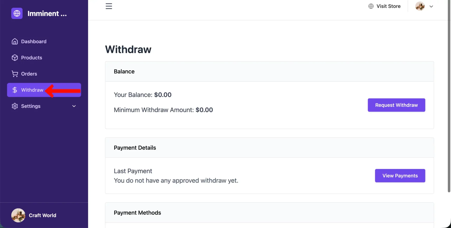 Vendors' widthdraw dashboard