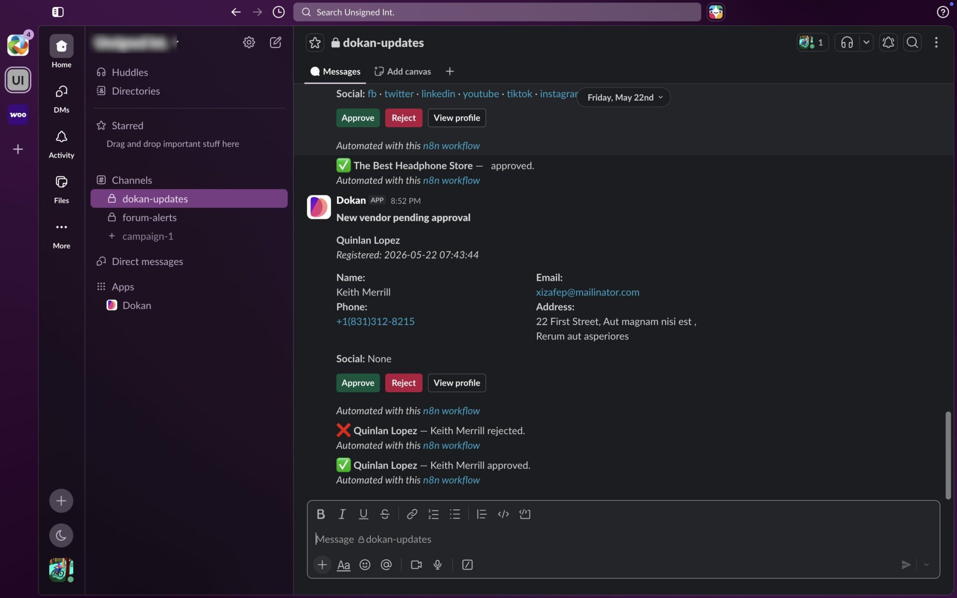 Slack confirmation message