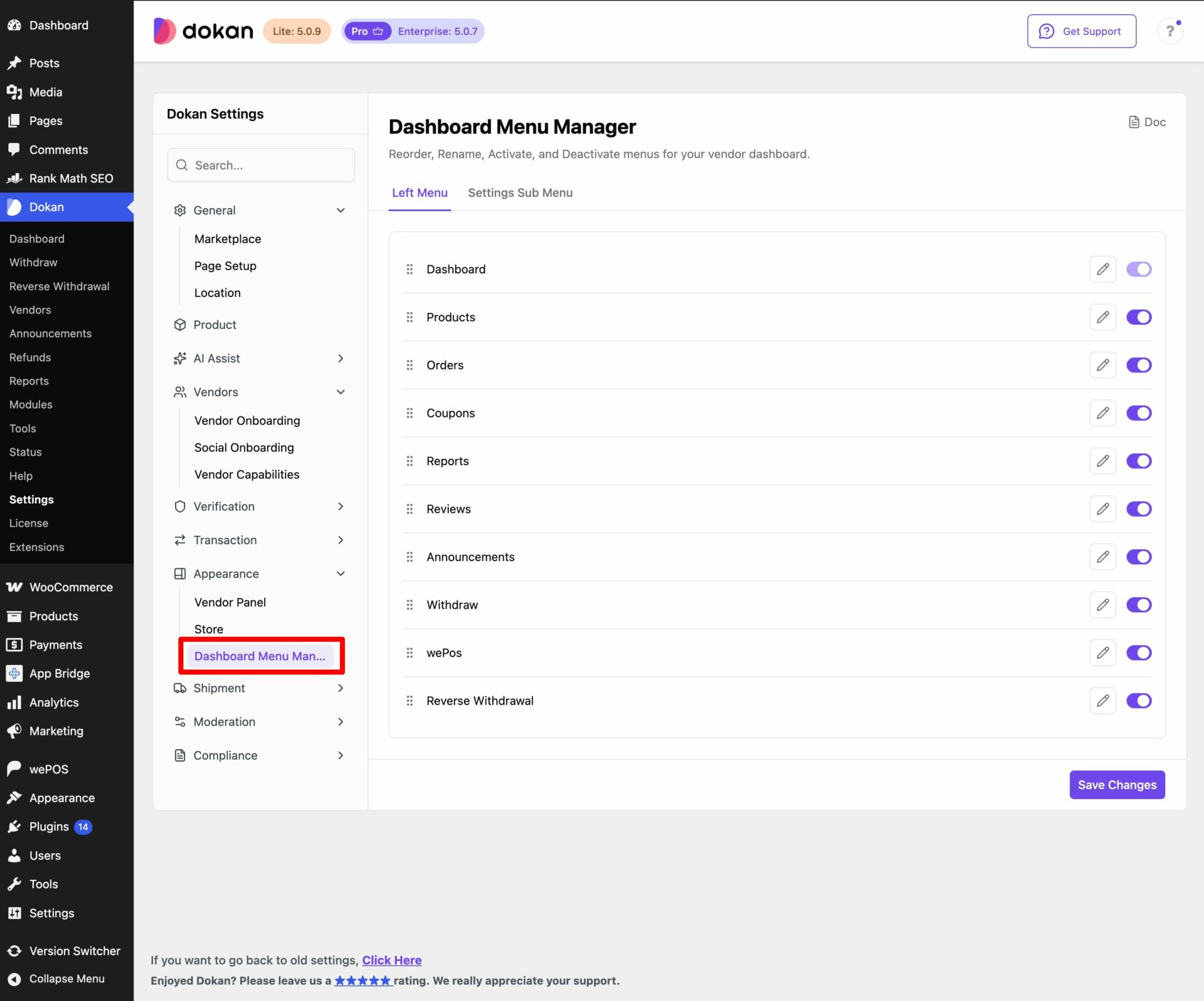 Menu Manager Settings