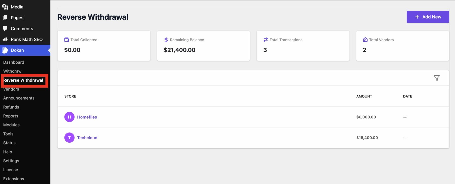 Reverse withdrawal dashboard