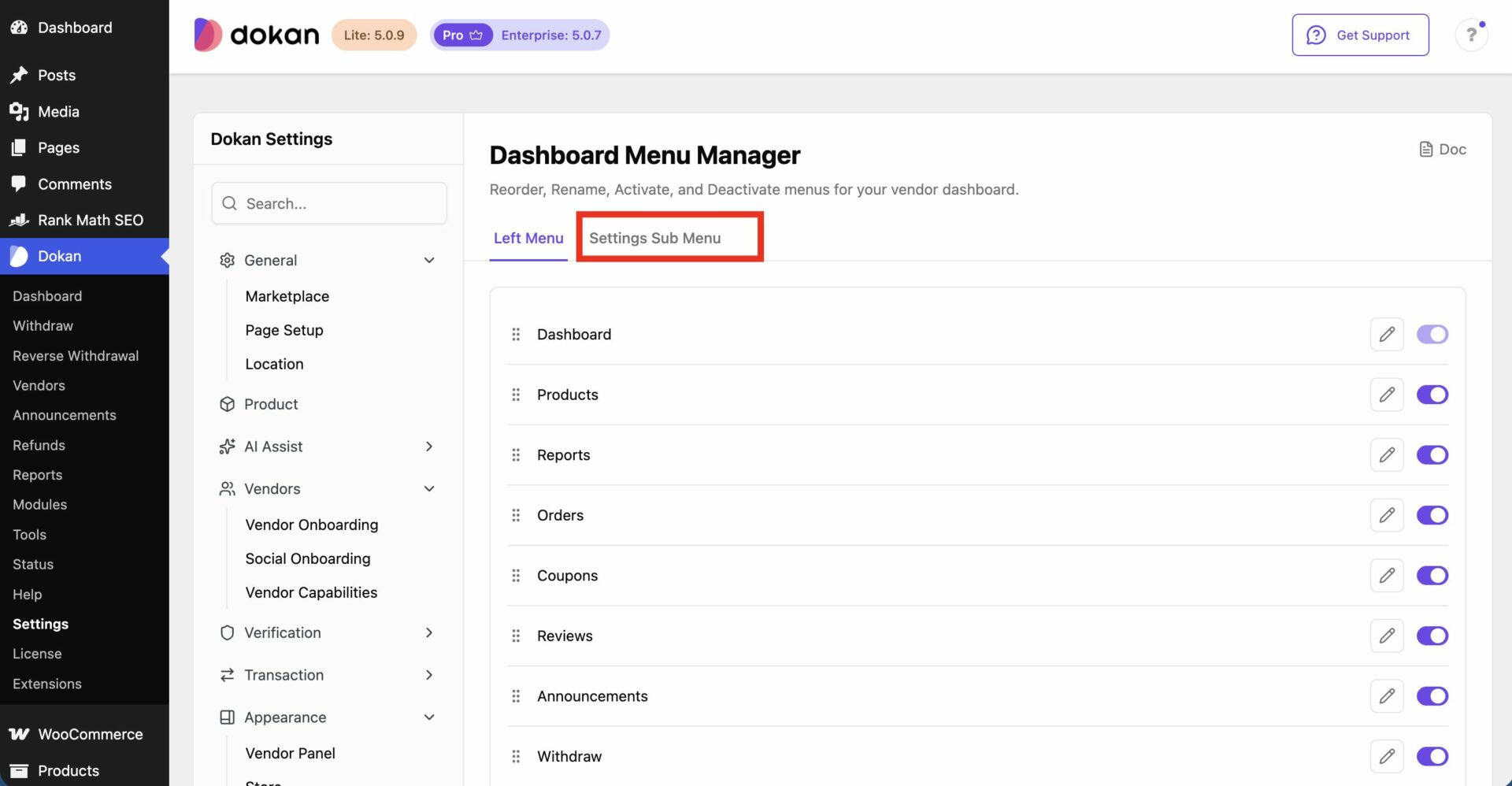 Settings Sub menu Option