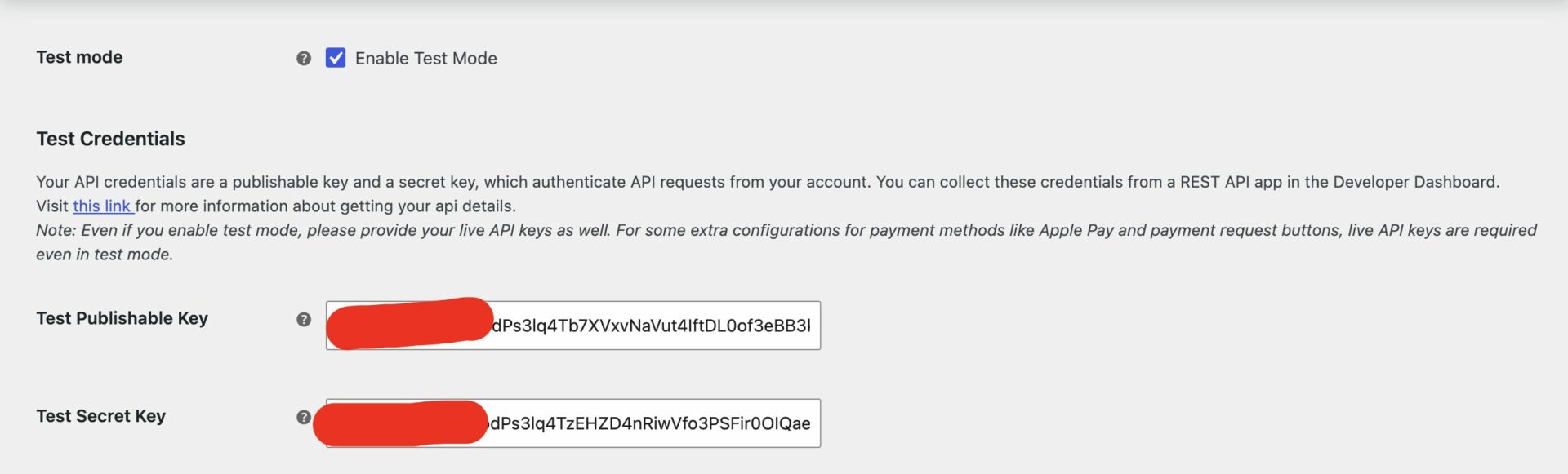 Test keys in the Dashboard