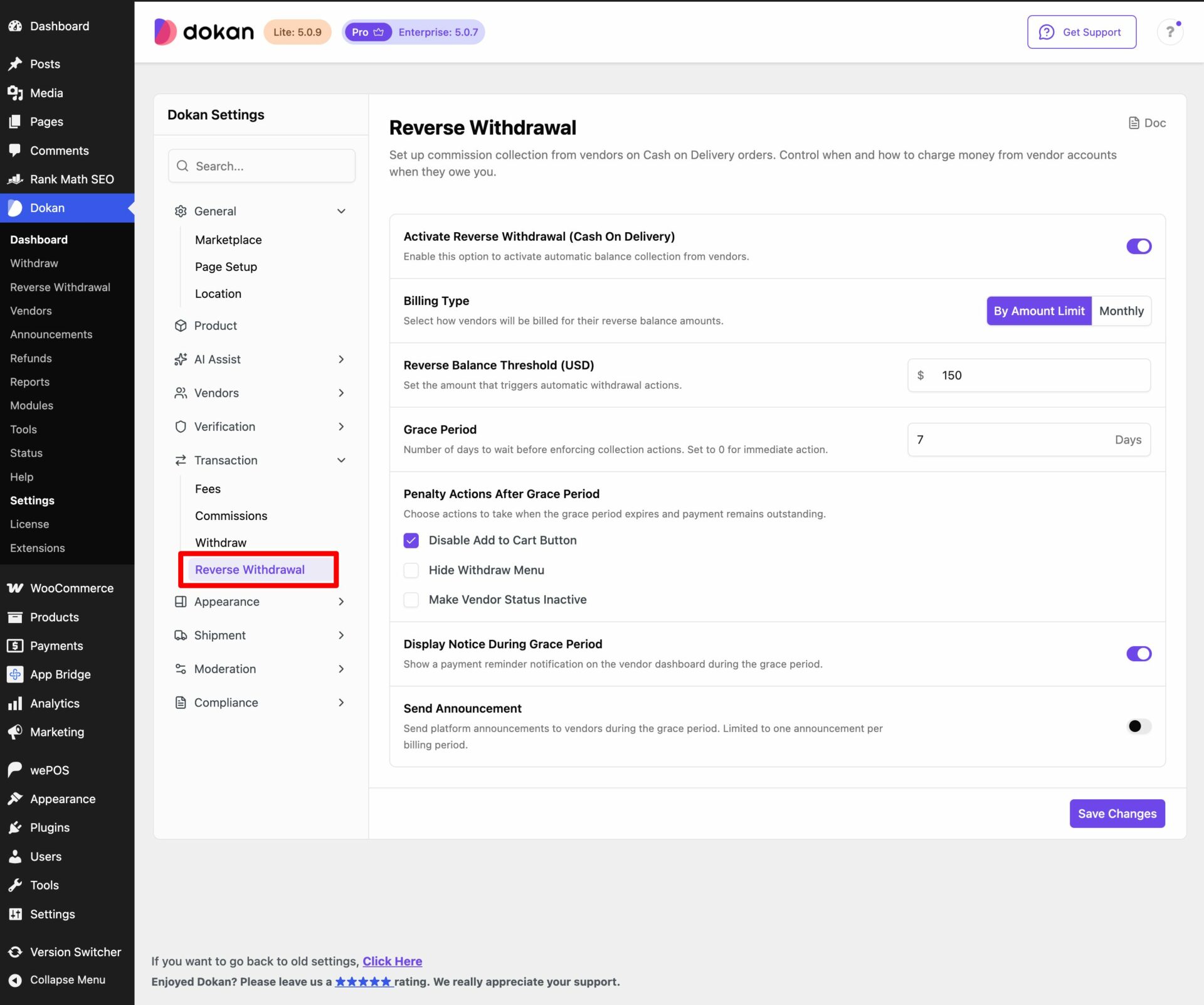This is a screenshot of reverse withdrawal settings