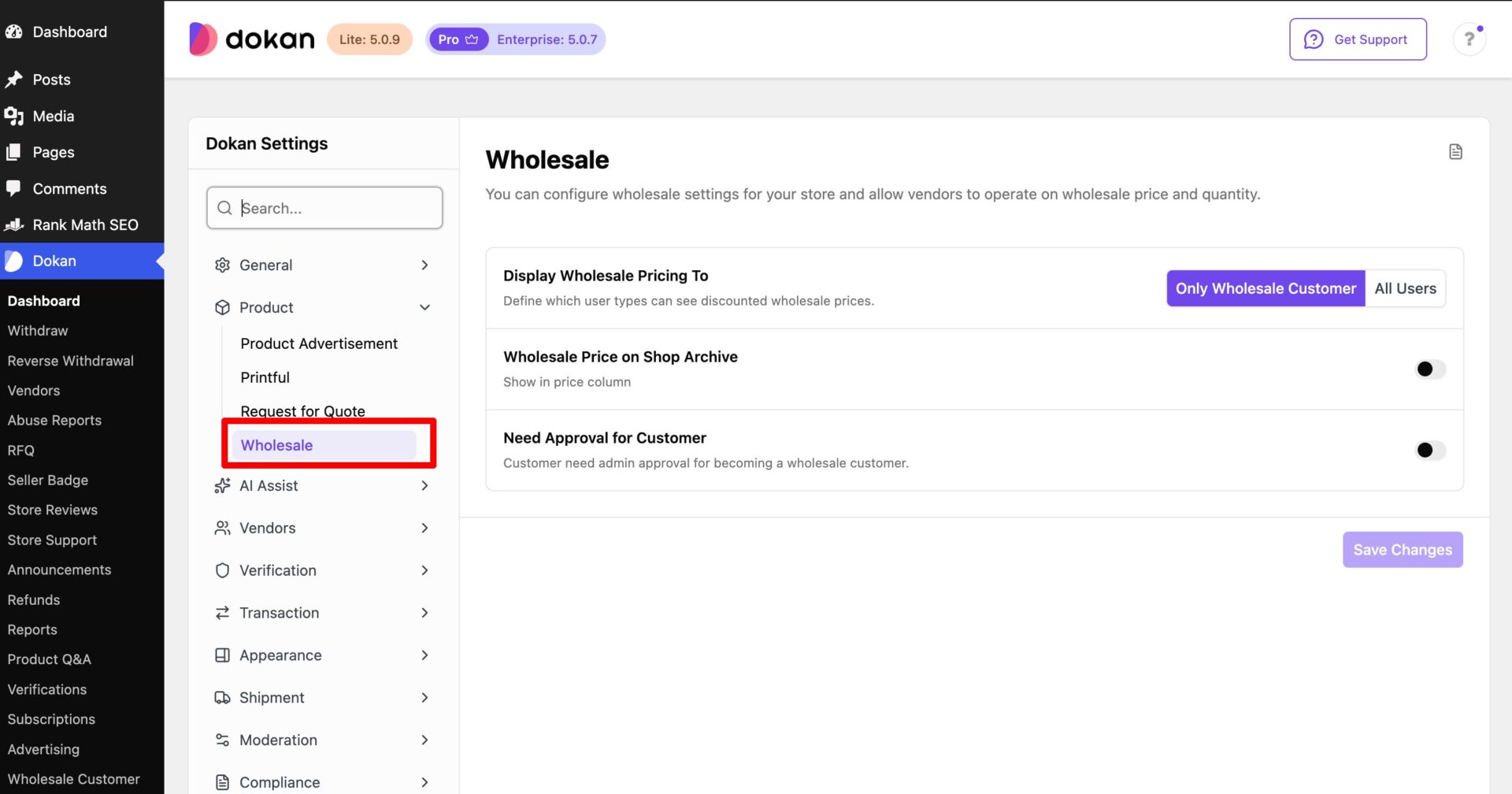 This is a screenshot of whole sale settings