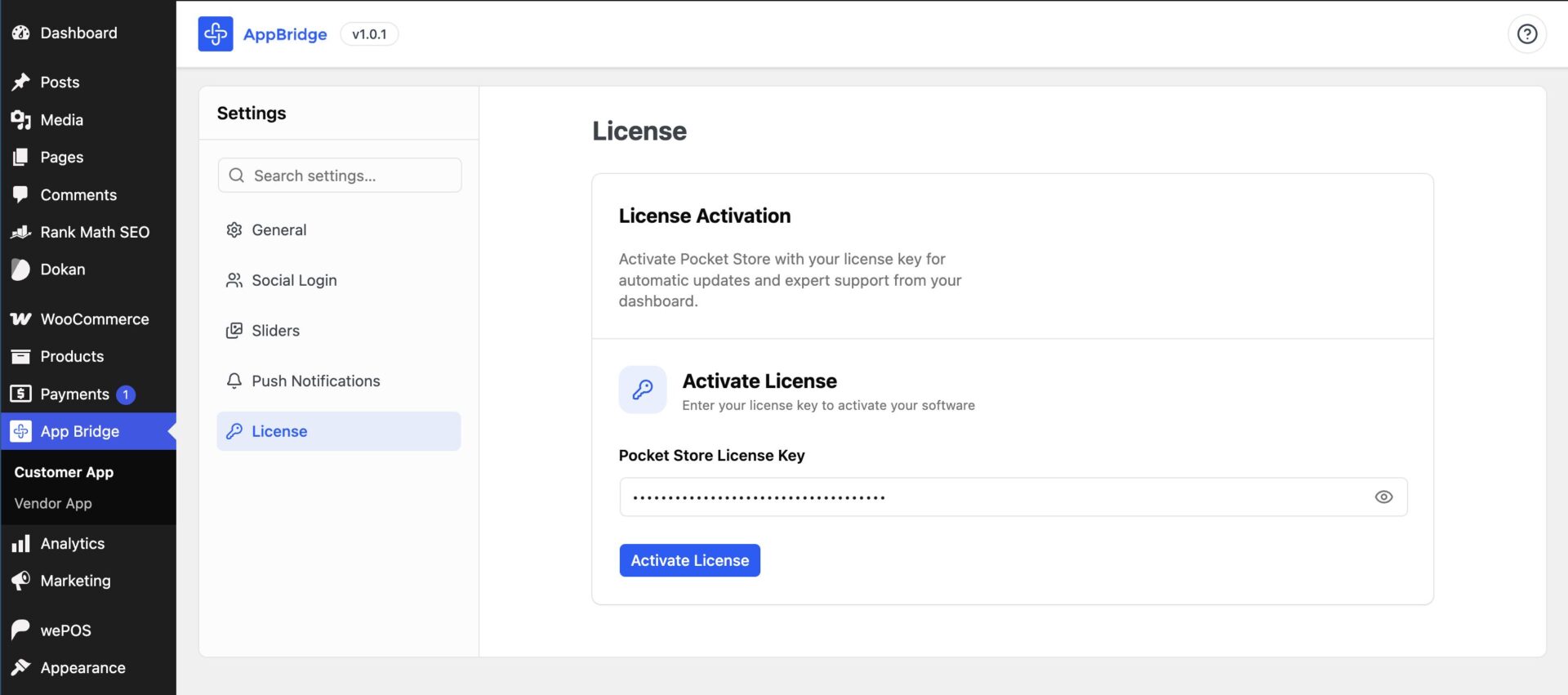 This is a screenshot of license key adding